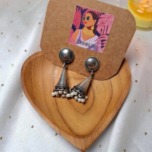 Oxidized Silver Conical Funnel Jhumka with Pearl Drops